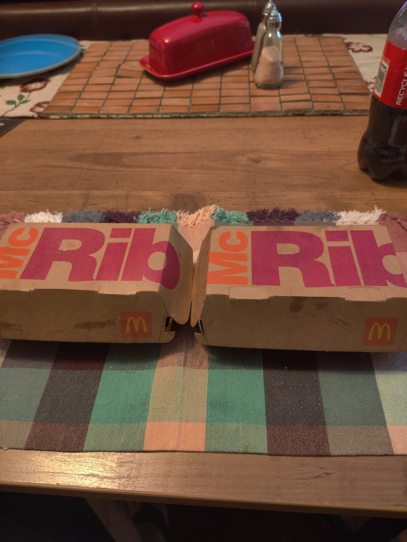 McRib is back! — two McRib boxes side by side at home, Fri · Oct 29, 2021