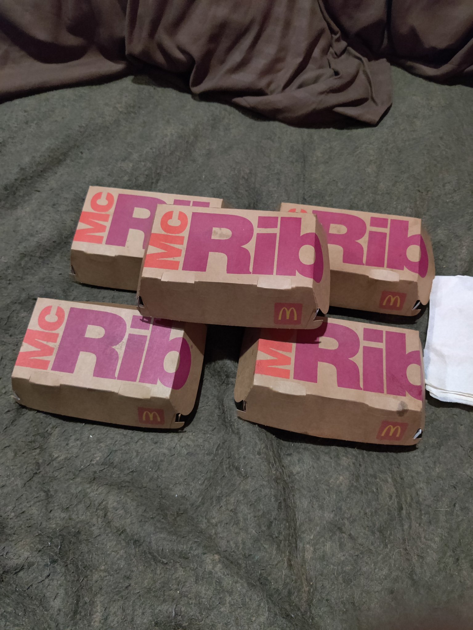 McRib is back! — the next day — five McRib boxes lined up, Sat · Oct 30, 2021