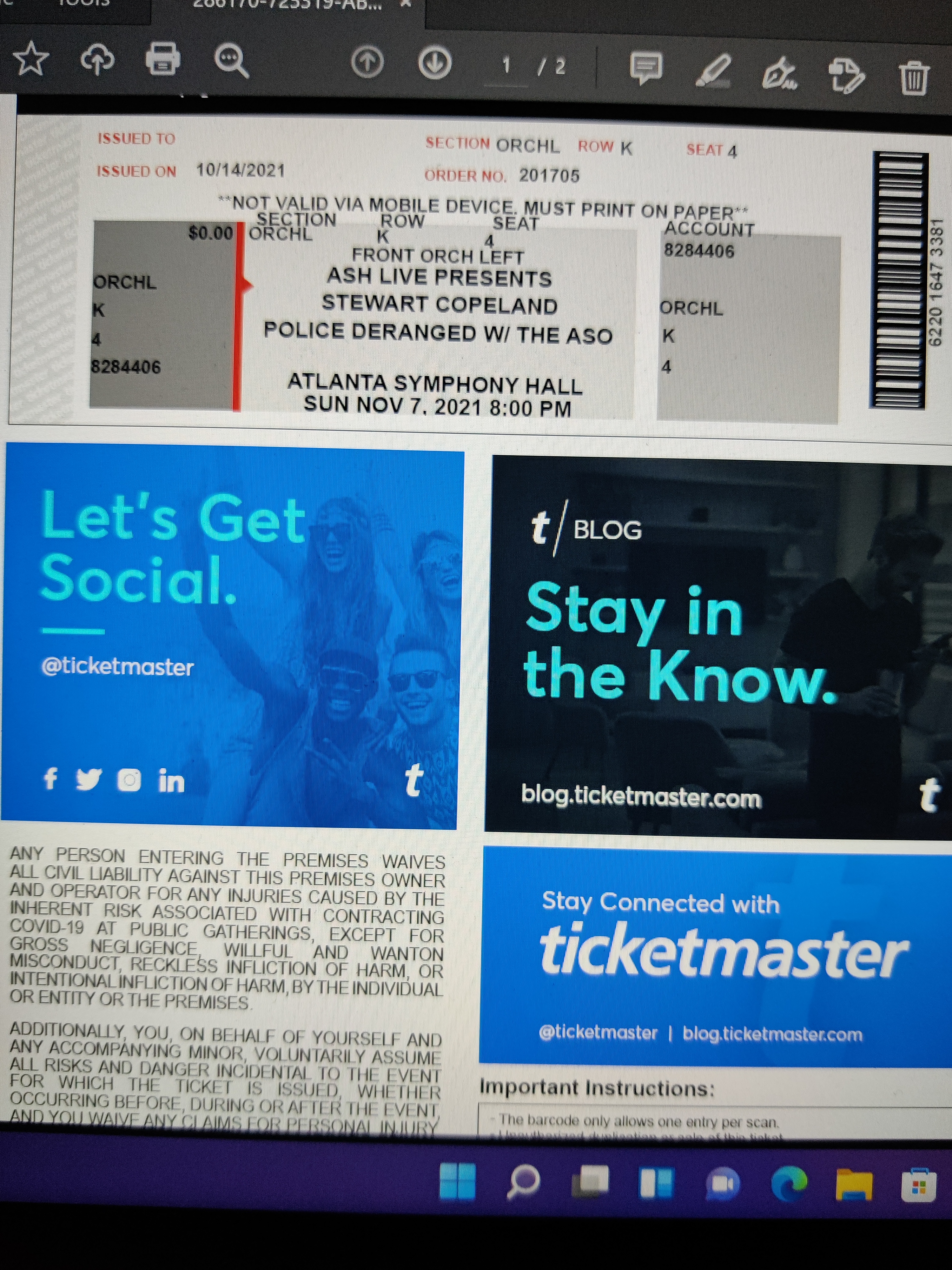 Ticket for Stewart Copeland at Atlanta Symphony Hall — 2021-11-07