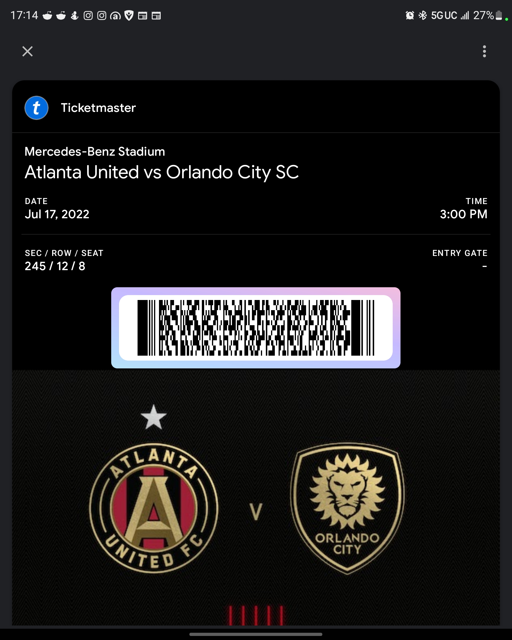 Ticket for Atlanta United at Mercedes-Benz Stadium — 2022-07-17