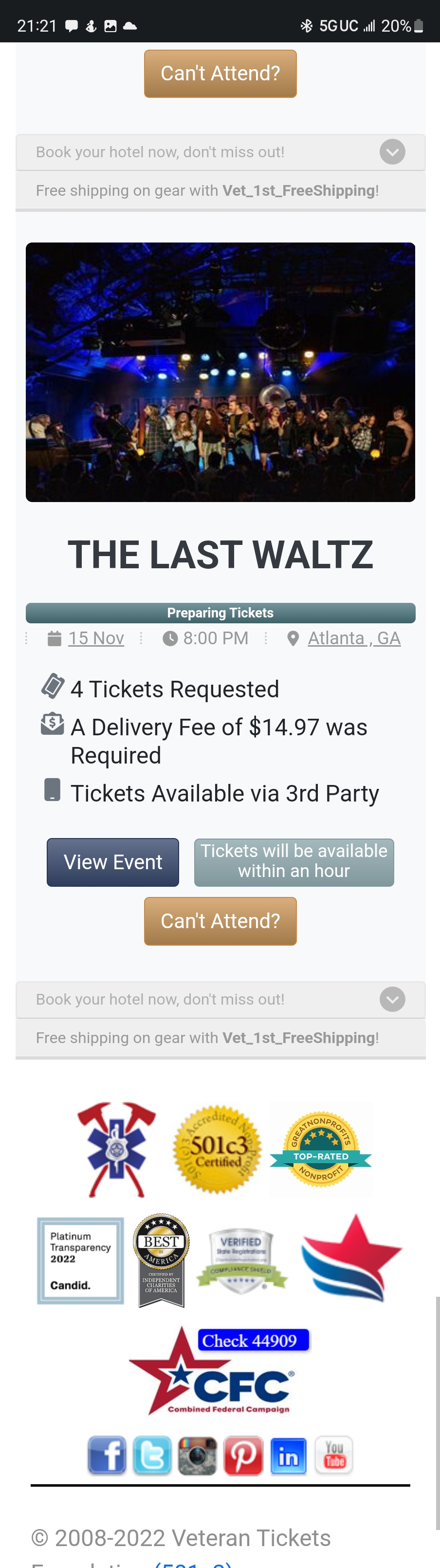 Ticket for The Last Waltz at Coca-Cola Roxy — 2022-11-15