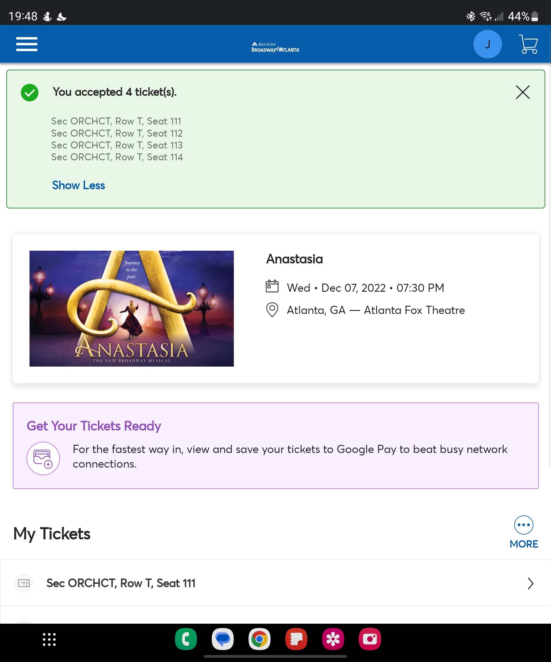 Ticket for Anastasia at Fox Theatre — 2022-12-07