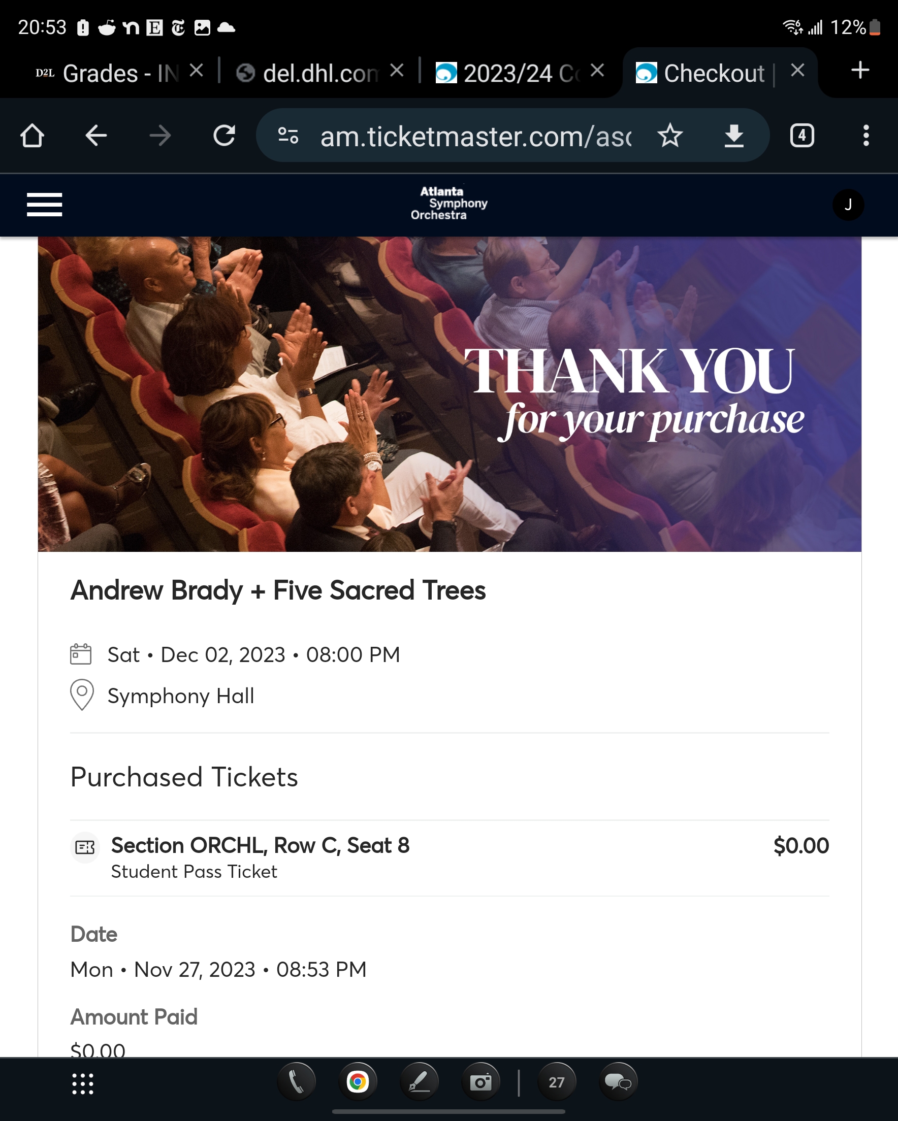 Ticket for Andrew Brady at Symphony Hall — 2023-12-02