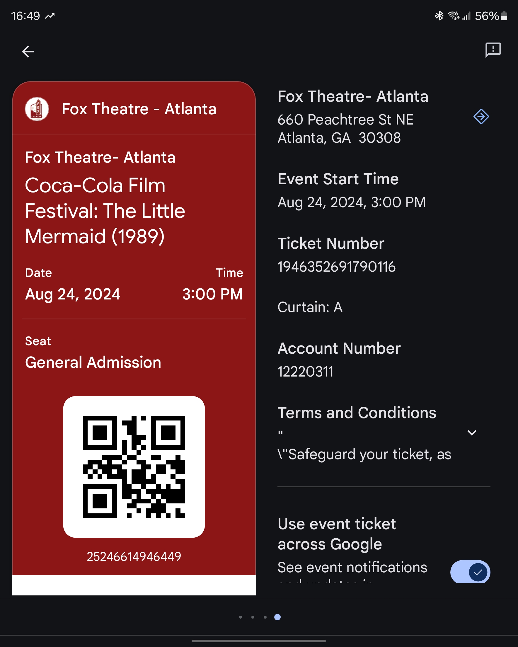 Ticket for The Little Mermaid at Fox Theatre — 2024-08-24