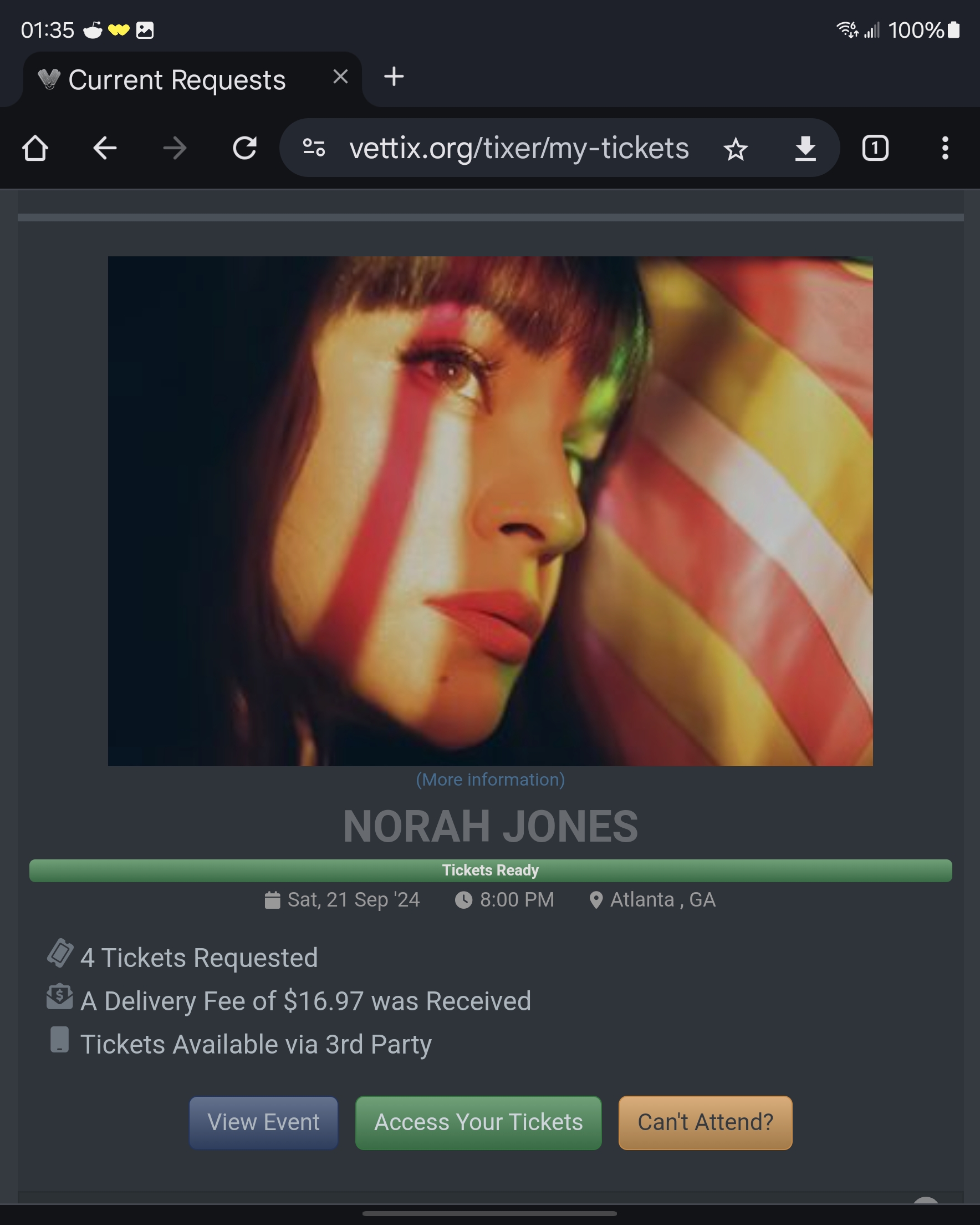 Ticket for Norah Jones at Cadence Bank Amphitheatre at Chastain Park — 2024-09-21