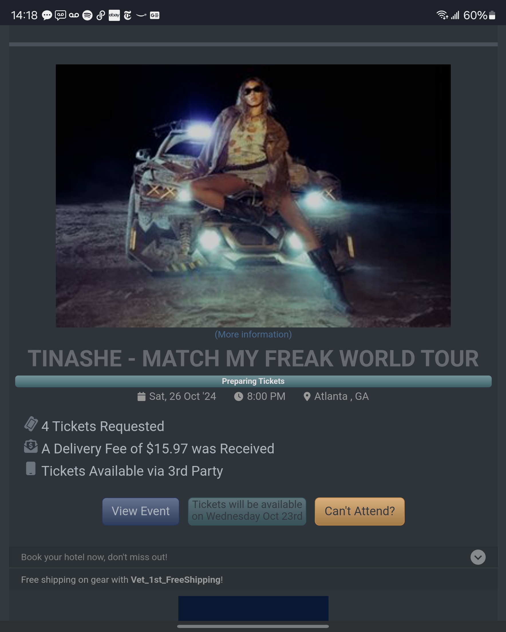 Ticket for Tinashe at Coca-Cola Roxy — 2024-10-26