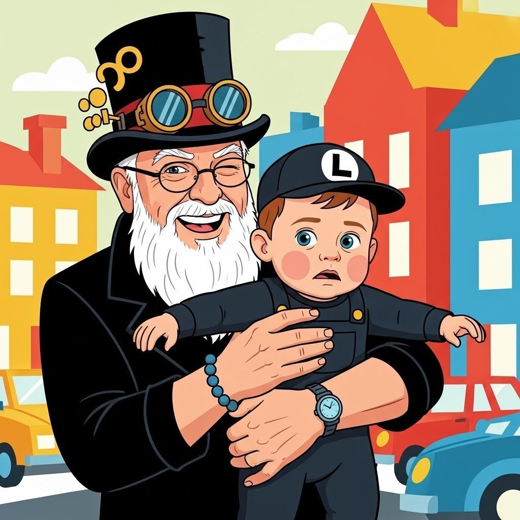 First Halloween trick-or-treating with my grandchildren — a cartoon illustration of Jeffry holding his Luigi grandson, Fri · Oct 31, 2025