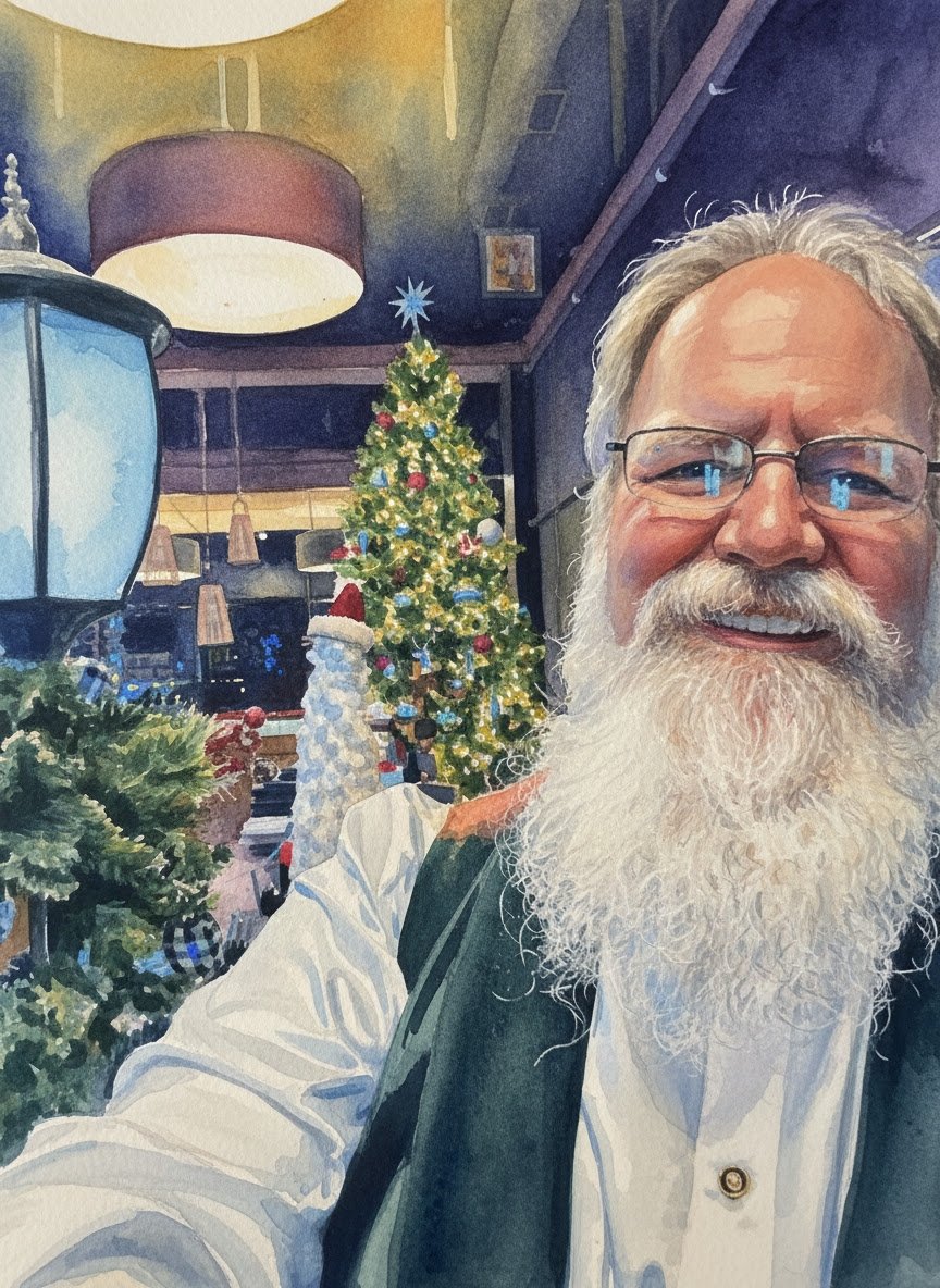 Stage Christmas Party — A watercolor-style portrait of Jeffry at a Christmas tree — from the Christmas collection